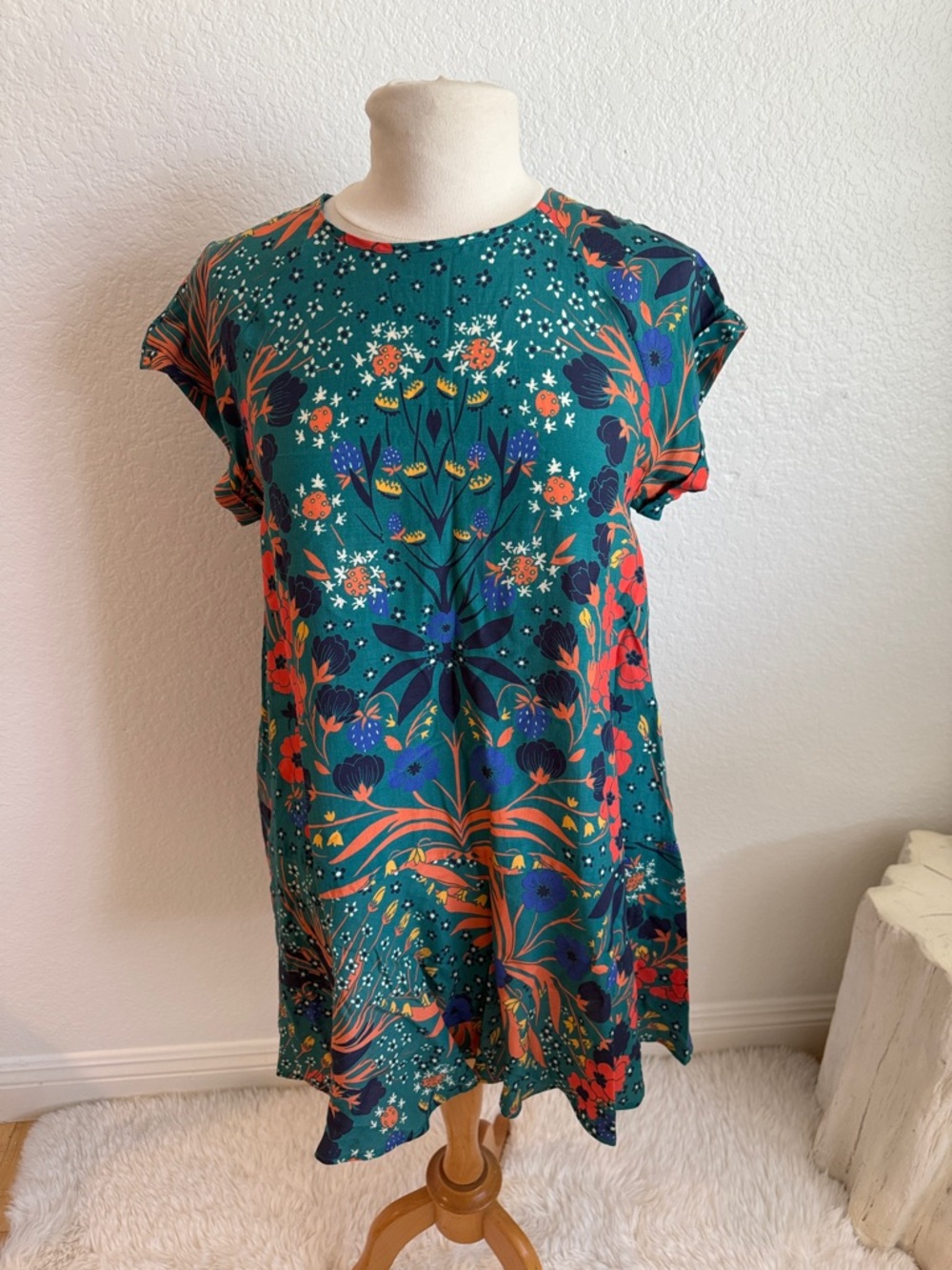 Free People Teal Floral Short Sleeve Mini Dress with Orange & Blue Accents